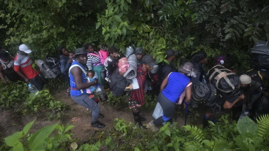 Người di cư băng qua rừng Darien Gap gần Choco (Colombia) để vào Panama. Ảnh: AFP/TTXVN