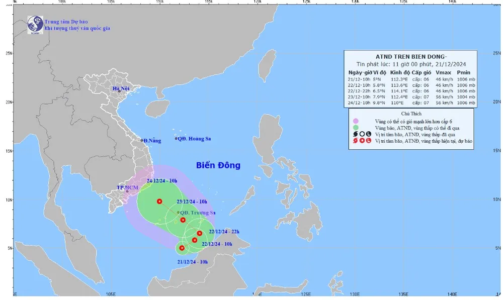 Áp thấp trên vùng biển phía Nam của khu vực Nam Biển Đông đã mạnh lên thành áp thấp nhiệt đới. Ảnh: KTTV kttv-211224-1-2262.jpg