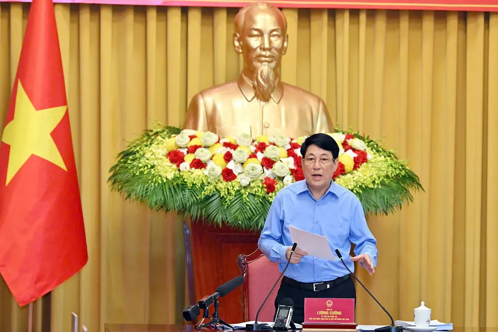 Chủ tịch nước Lương Cường chủ trì và phát biểu tại cuộc làm việc với Tỉnh ủy Quảng Ninh về việc thực hiện Nghị quyết Hội nghị lần thứ 11 Ban Chấp hành Trung ương Đảng khóa XIII, sáng 5-6. Ảnh: VIẾT CHUNG ctn-qn1-3938-9983.jpg