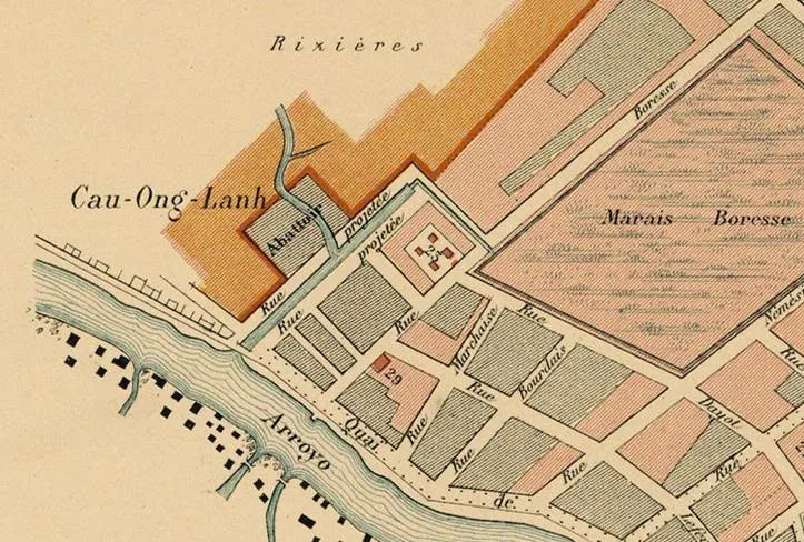 Bản đồ Sài Gòn 1878, cầu Ông Lãnh khi đó nối liền đường Quai de I’Arroyo Chinois CN4 ban do.jpg
