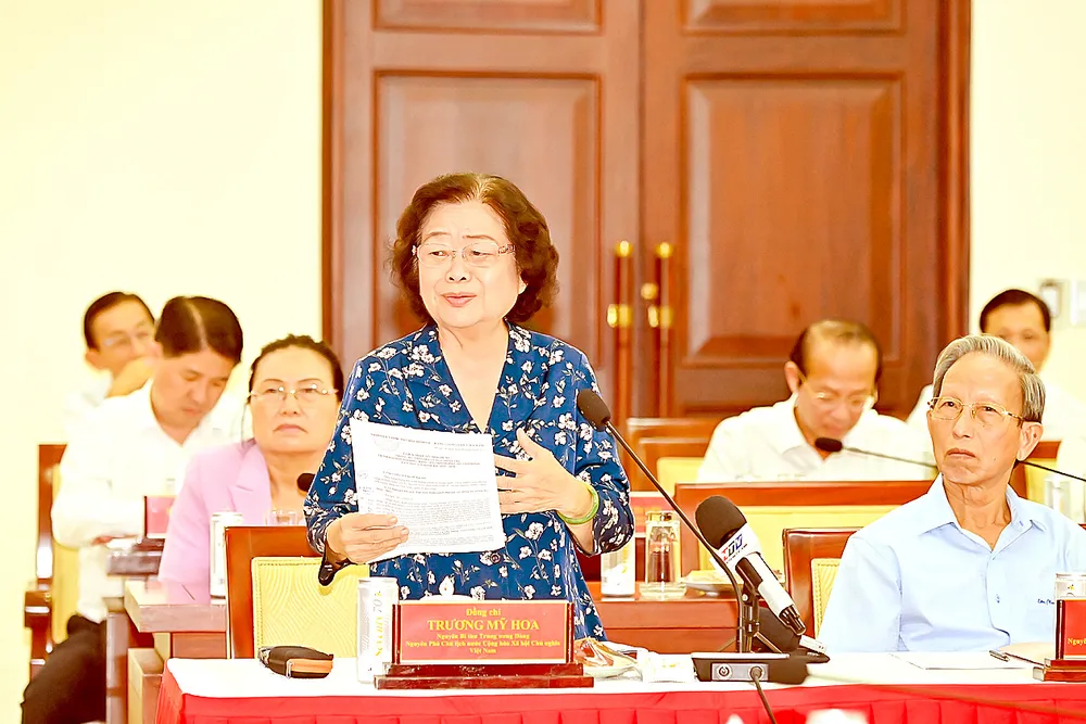 Nguyên Phó Chủ tịch nước Trương Mỹ Hoa phát biểu tại hội nghị lấy ý kiến góp ý văn kiện Đại hội Đảng bộ TPHCM lần thứ I, nhiệm kỳ 2025-2030, do Ban Thường vụ Thành ủy TPHCM tổ chức. Ảnh: VIỆT DŨNG H1h.jpg