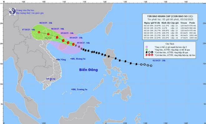 Dự báo đường đi của bão số 11. Nguồn: Trung tâm dự báo khí tượng thủy văn quốc gia Dự báo đường đi của bão số 11. Nguồn: Trung tâm dự báo khí tượng thủy văn quốc gia