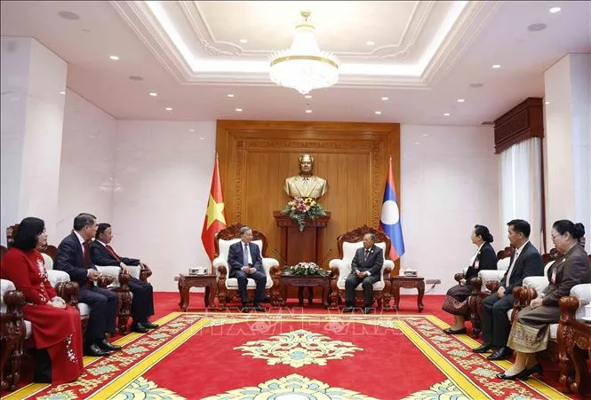 Tổng Bí thư Tô Lâm gặp nguyên Tổng Bí thư, Chủ tịch nước Lào Bounnhang Vorachit. Ảnh: TTXVN