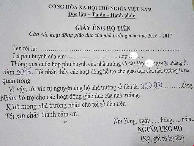 Khiển trách hiệu trưởng tự ý làm giấy ủng hộ tiền thay cho phụ huynh ảnh 1 Khiển trách hiệu trưởng tự ý làm giấy ủng hộ tiền thay cho phụ huynh ảnh 1