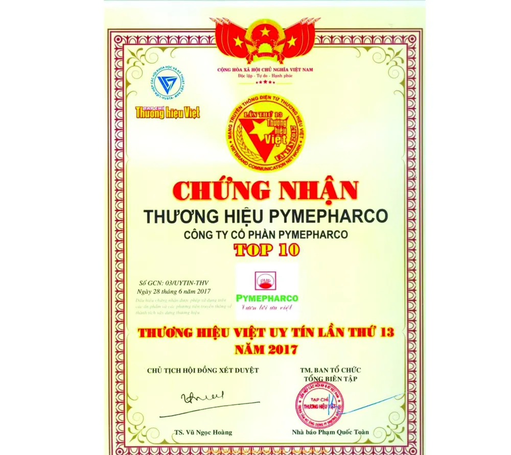Pymepharco khẳng định vị thế với giải thưởng Top 10 “Thương hiệu Việt uy tín” năm 2017 ảnh 2 Pymepharco khẳng định vị thế với giải thưởng Top 10 “Thương hiệu Việt uy tín” năm 2017 ảnh 2