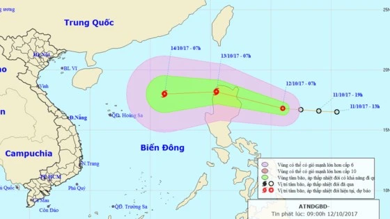 Vị trí và đường đi của áp thấp nhiệt đới. Ảnh: TTDBKTTVTƯ