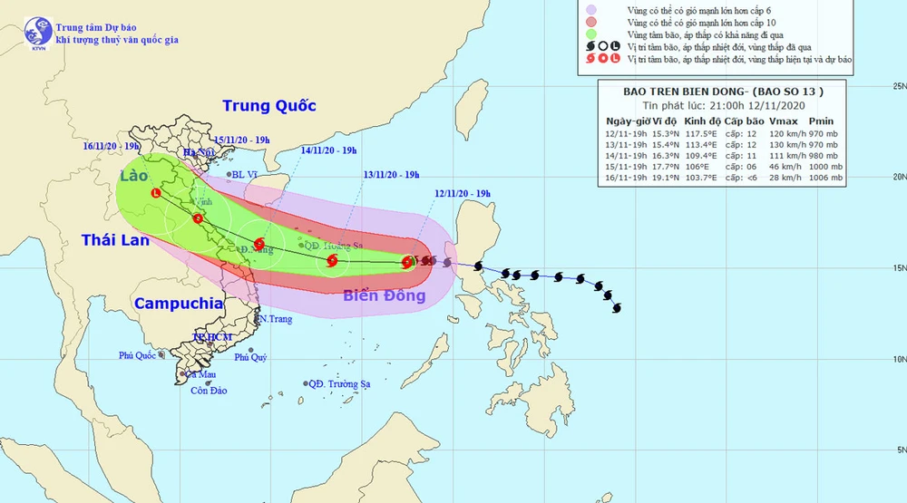 Dự báo đường đi bão số 13 Nguồn: Trung tâm Dự báo KT-TV Quốc gia