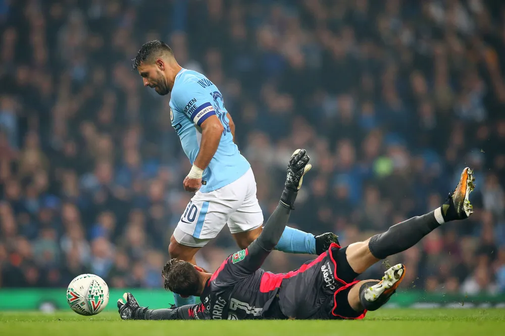 Sergio Aguero đi bóng qua thủ thành Will Norris (Wolves)