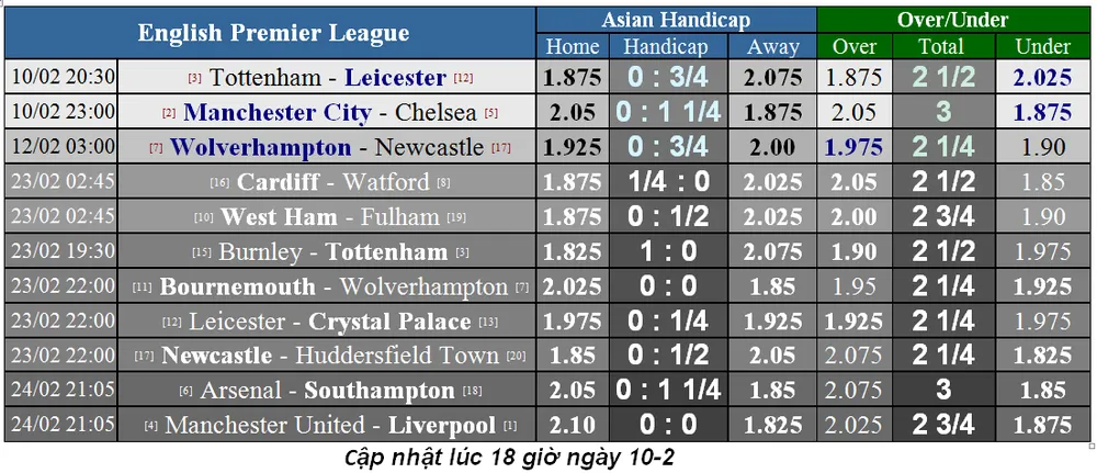Lịch thi đấu bóng đá Ngoại hạng Anh ngày 10-2 (Cập nhật lúc 18 giờ) ảnh 1