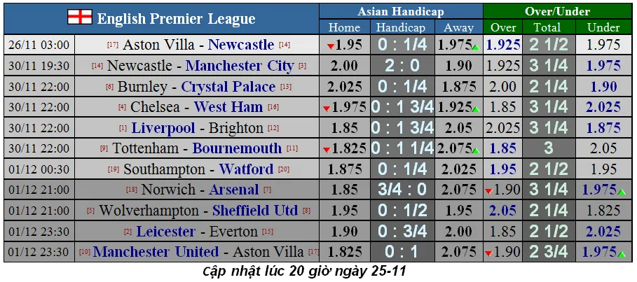 Lịch thi đấu Ngoại hạng Anh, vòng 13 ngày 25/11: Newcastle gây sốc ở Villa Park (Mới cập nhật) ảnh 1