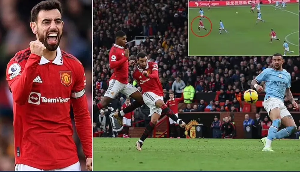 Bàn thắng của Bruno Fernandes gây nhiều tranh cãi, bởi Rashford (trong vòng tròn đỏ) biết mình việt vị nhưng vẫn lao theo bóng để đánh lừa hàng thủ Man City. Nếu Rashford dừng lại, thủ thành Ederson có thể đã băng ra phá bóng.