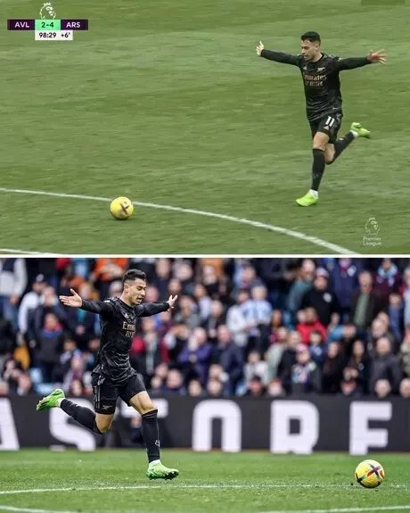 Martinelli ăn mừng trước khi đưa bóng vào lưới