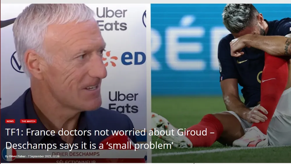 Đài TF1 cho hay: Bác sĩ Pháp không lo lắng về Giroud, Deschamps nói đấy là &apos;vấn đề nhỏ&apos;