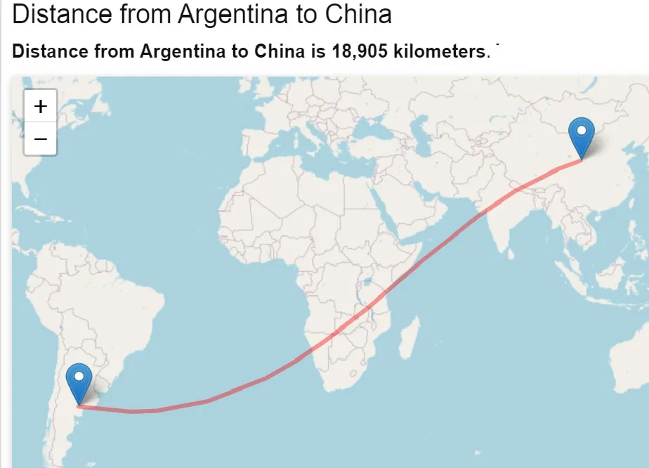 Khoảng cách từ Argentina đến Trung Quốc là 18.905km Khoảng cách từ Argentina đến Trung Quốc là 18.905km
