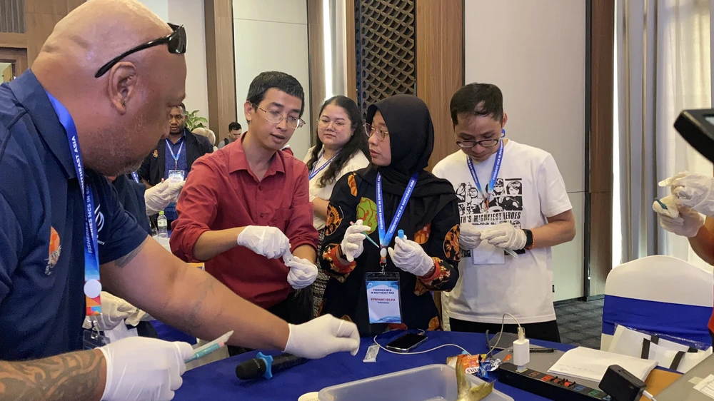Thạc sĩ Trần Văn Hào đang hướng dẫn các cán bộ kiểm ngư đến từ các quốc gia trong khu vực châu Á - Thái Bình Dương thực hành một công đoạn của kỹ thuật xét nghiệm DNA cá. Ảnh : XUÂN HẠNH IMG_6282.jpeg