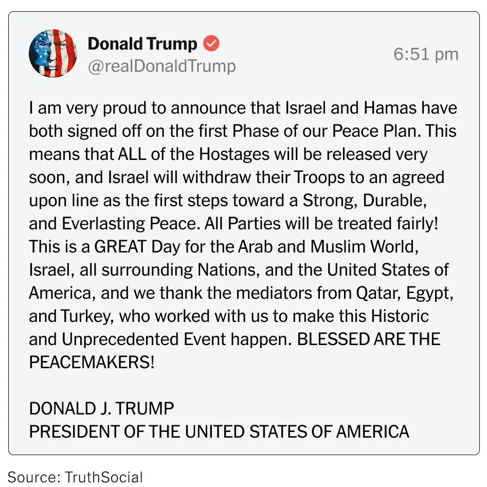Tổng thống Donald Trump tuyên bố trên Truth Social vào tối ngày 8-9 rằng Israel và Hamas "đều đã ký kết Giai đoạn đầu tiên của Kế hoạch Hòa bình. Ảnh : Truth Social mideast-truth-sanger-jumbo-v2.jpg