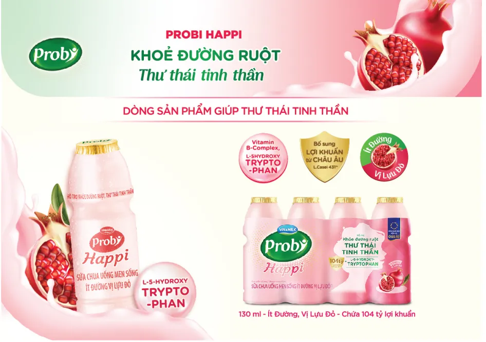 Sữa chua uống men sống ít đường vị lựu đỏ Probi Happi, bổ sung khoảng 104 tỷ lợi khuẩn Probiotics L. Casei 431 TM từ Châu Âu, cùng L-5-Hydroxytryptophan giúp khỏe đường ruột, thư thái tinh thần Sữa chua uống men sống ít đường vị lựu đỏ Probi Happi, bổ sung khoảng 104 tỷ lợi khuẩn Probiotics L. Casei 431 TM từ Châu Âu, cùng L-5-Hydroxytryptophan giúp khỏe đường ruột, thư thái tinh thần