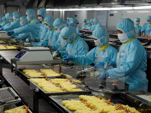 Chiên tôm tempura trong nhà máy Seavina. (Ảnh: Thanh Liêm/TTXVN)