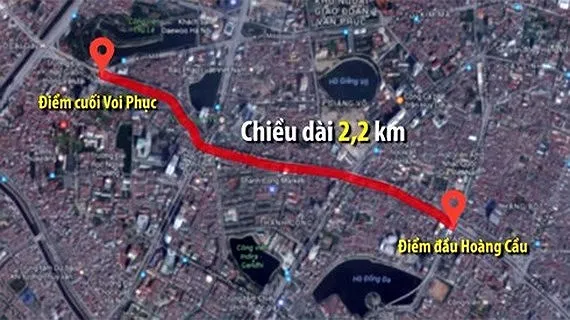 Vị trí và hướng xây dựng đường vành đai 1 đoạn Hoàng Cầu - Voi Phục.