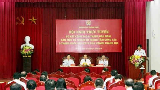 Hội nghị trực tuyến sơ kết công tác 6 tháng đầu năm và triển khai nhiệm vụ trọng tâm 6 tháng cuối năm 2018 của ngành Thanh tra. Ảnh: TTXVN