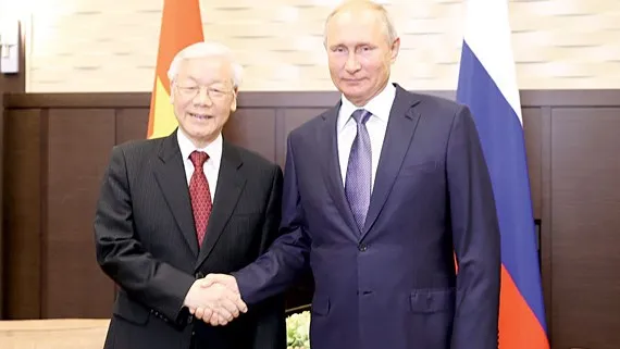 Tổng thống Liên bang Nga Vladimir Putin cùng Tổng Bí thư Nguyễn Phú Trọng . Ảnh: TTXVN
