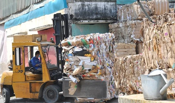 Đưa giấy nguyên liệu đã qua sử dụng vào sản xuất tại Nhà máy giấy Xuân Mai. Ảnh: THÀNH TRÍ