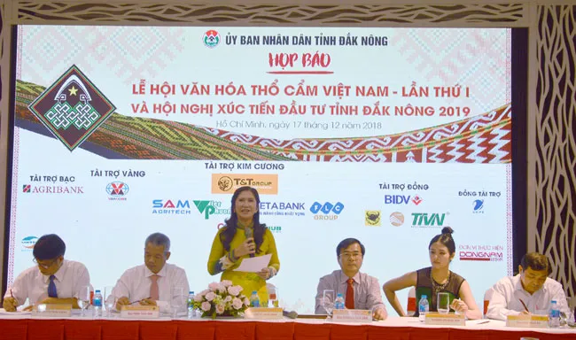 Bà Tôn Thị Ngọc Hạnh, Phó Chủ tịch UBND tỉnh Đắk Nông thông tin với báo giới Lễ hội văn hóa thổ cẩm Việt Nam lần thứ nhất.