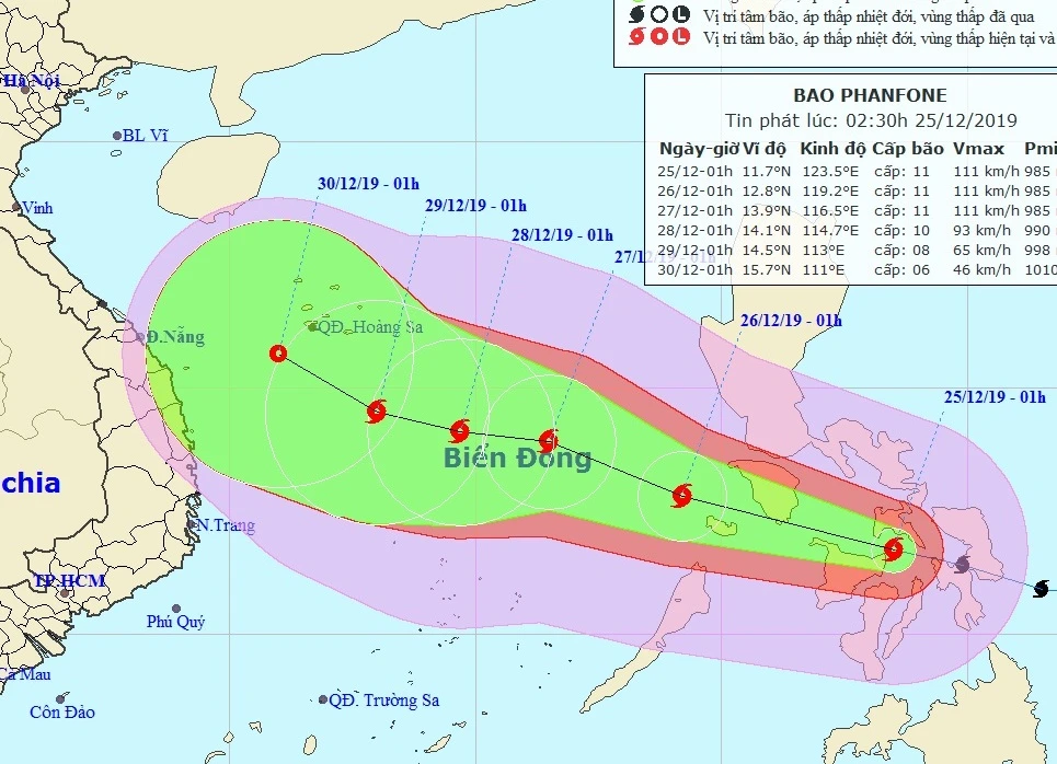 Dự báo vị trí và đường đi của bão PHANFONE. Ảnh NCHMF