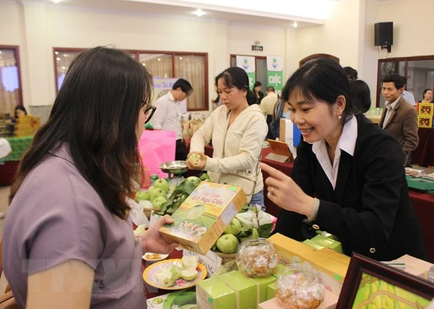 Trưng bày sản phẩm nông nghiệp chất lượng cao tại hội nghị. (Ảnh: Hứa Chung/TTXVN)