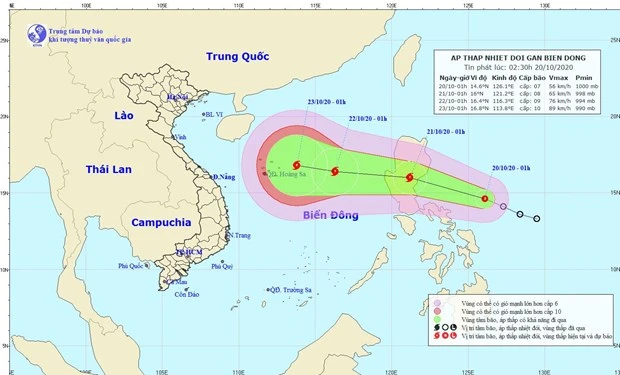 Đường đi và vị trí của áp thấp nhiệt đới. (Nguồn: nchmf.gov.vn)