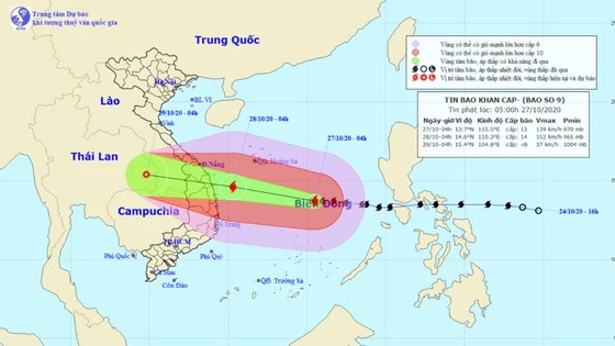 Vị trí và đường đi của bão số 9. Ảnh: TTDBKTTVTƯ