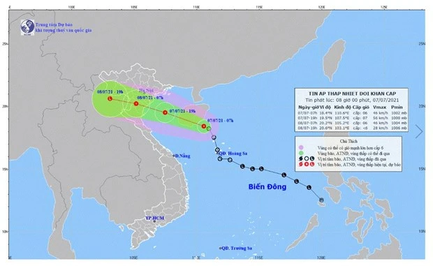 Hình ảnh đường đi và vị trí áp thấp nhiệt đới. (Nguồn: nchmf.gov.vn)