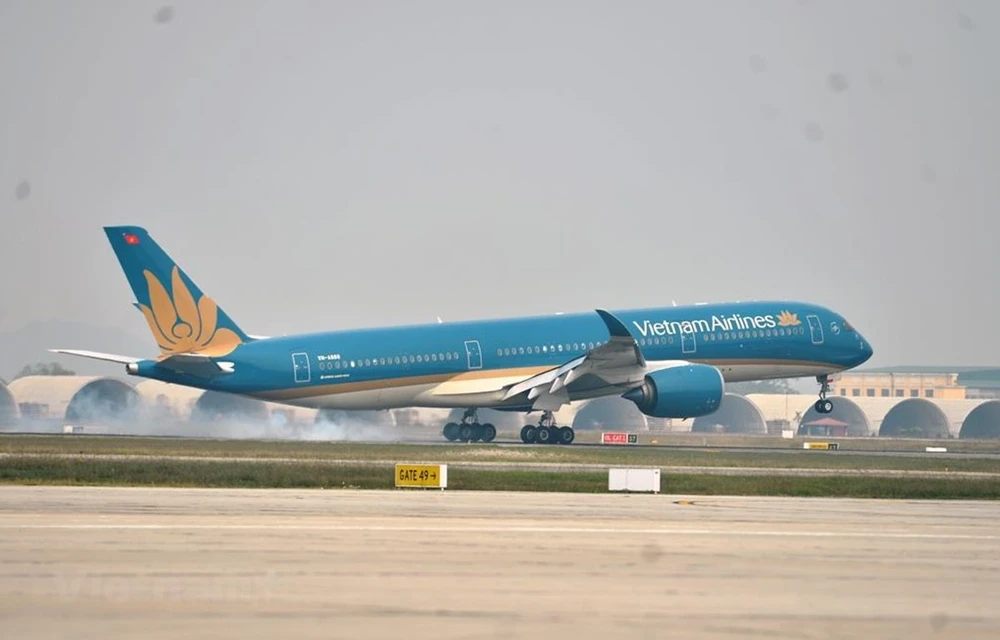 Máy bay Vietnam Airlines hạ cánh tại sân bay Nội Bài. (Ảnh: Việt Hùng/Vietnam+)