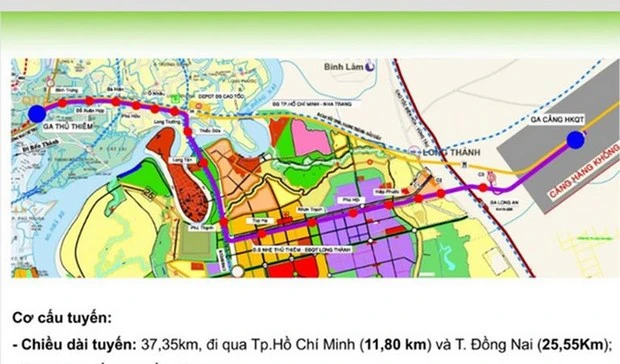 Sơ đồ tuyến đường sắt Thủ Thiêm-Long Thành có chiều dài gần 37,5km. (Ảnh: H.M)