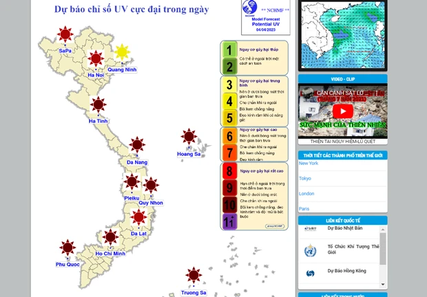 Dự báo chỉ số tia cực tím (UV) cực đại tại các tỉnh, thành phố trên cả nước, trong ngày 4/4. (Nguồn: TCKTTV)