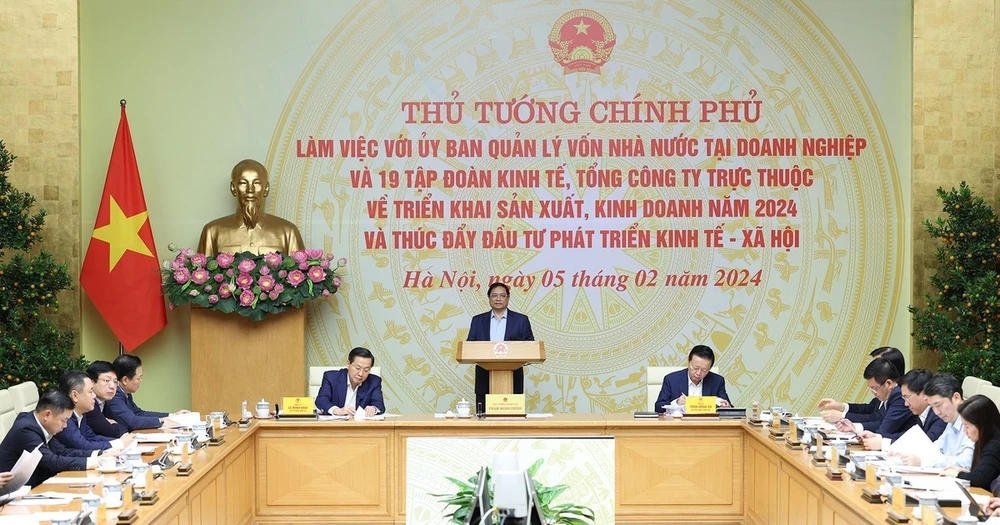 Thủ tướng Phạm Minh Chính làm việc với Ủy ban Quản lý vốn Nhà nước tại doanh nghiệp và 19 Tập đoàn, Tổng công ty. (Ảnh: Dương Giang/TTXVN)