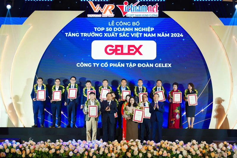 Bà Nguyễn Hồng Nhung - Giám đốc Truyền thông CTCP Tập đoàn GELEX nhận cúp và chứng nhận Top 50 Vietnam Best Growth.