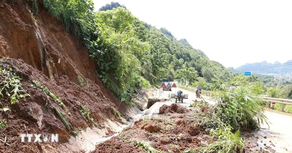 Mưa lớn gây sạt lở đất trên Quốc lộ 4D đoạn giáp ranh giữa thành phố Lai Châu với huyện Phong Thổ. (Ảnh: Quý Trung/TTXVN)