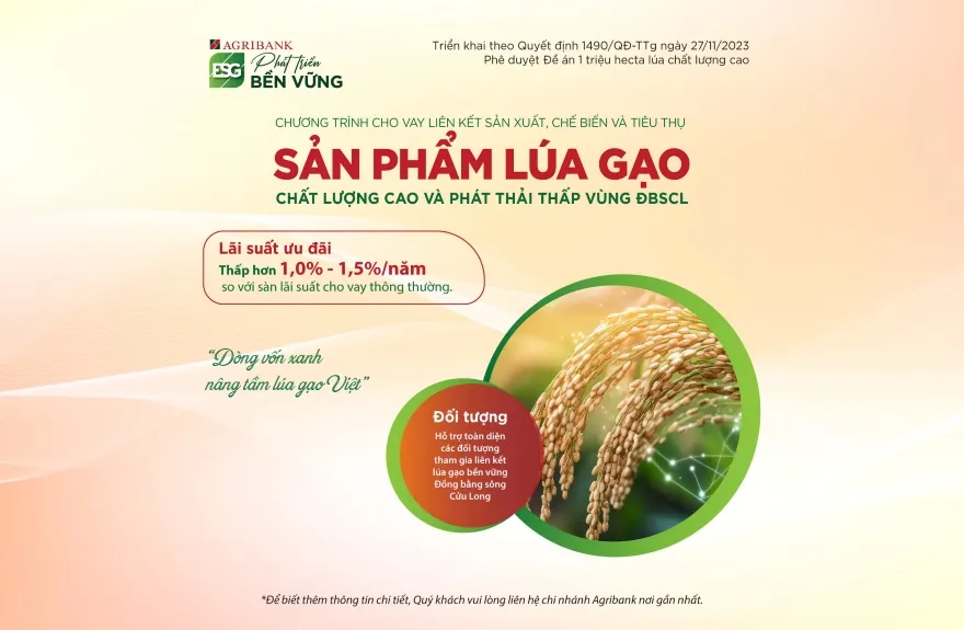 Agribank ưu đãi tín dụng khách hàng đề án 1 triệu ha lúa chất lượng cao, phát thải thấp