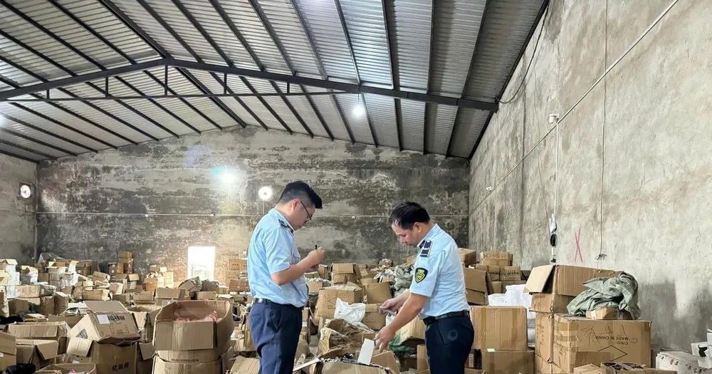 Cán bộ Chi cục Quản lý thị trường tỉnh Quảng Ninh kiểm tra kho hàng có dấu hiệu vi phạm. (Ảnh: PV/Vietnam+)
