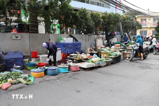 Một "chợ tạm,” "chợ cóc," hoạt động công khai trên phố Chính Kinh. (Ảnh: Vũ Quang/TTXVN)