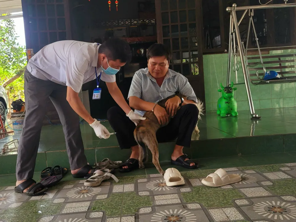 Cán bộ thú y tiêm phòng dại cho chó tại nhà dân A Cường.jpg