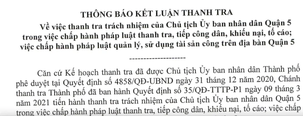 Kiểm điểm Giám đốc Sở Tài chính, Chủ tịch UBND quận 5 liên quan quản lý, sử dụng tài sản công ảnh 1