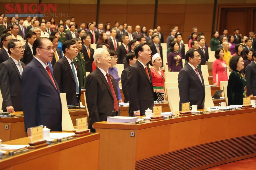 Tổng Bí thư Nguyễn Phú Trọng và các đồng chí lãnh đạo Đảng, Nhà nước dự phiên khai mạc kỳ họp thứ 5 Quốc hội khóa XV. Ảnh: QUANG PHÚC