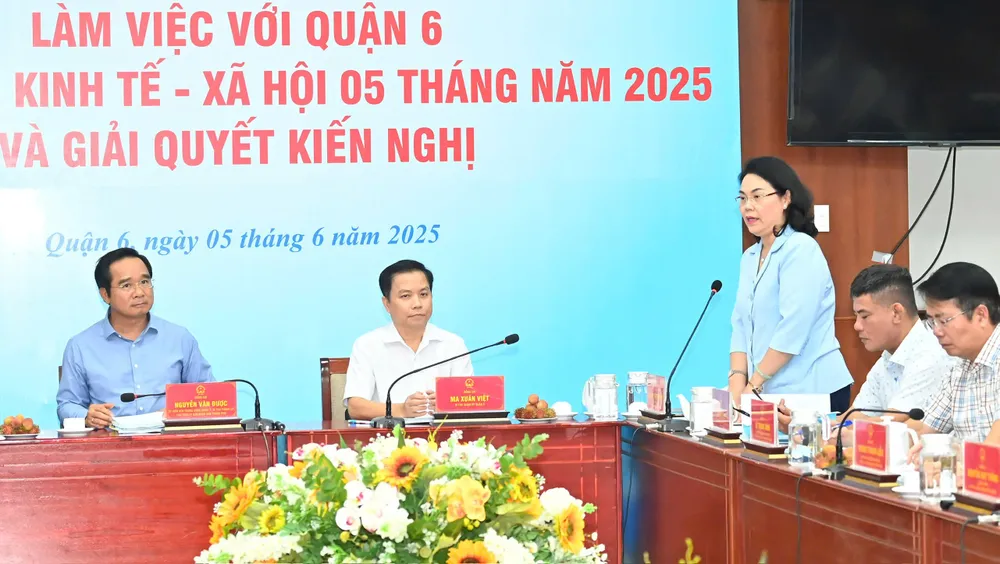 Chủ tịch UBND quận 6 Lê Thị Thanh Thảo báo cáo về tình hình kinh tế - xã hội và trình bày các đề xuất kiến nghị. Ảnh: VIỆT DŨNG 9b78994f6960dd3e8471.jpg