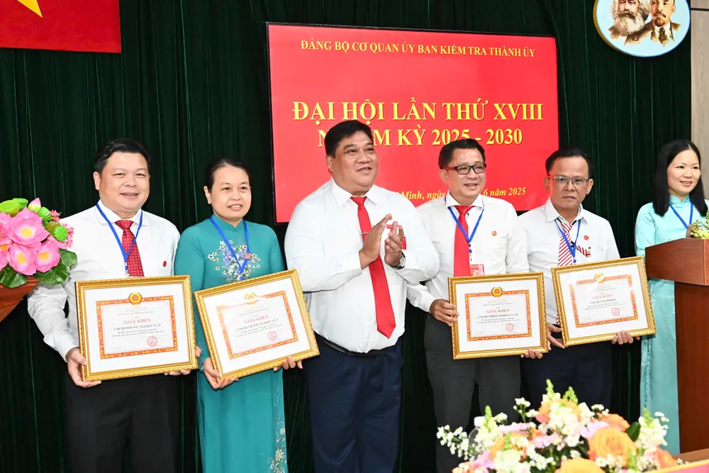 Phó Chủ nhiệm UBKT Thành ủy TPHCM Hồ Nam tặng giấy khen cho các tập thể. Ảnh: VIỆT DŨNG f8bf433326db9185c8ca.jpg