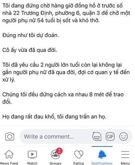 Thông tin trên mạng xã hội khiến nhiều người nghĩ là người chết do dịch Covid-19 và cũng vì không được địa phương đưa đi bệnh viện cấp cứu