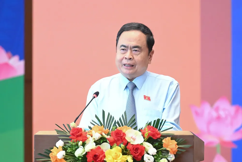 Chủ tịch Quốc hội Trần Thanh Mẫn phát biểu tại cuộc gặp mặt. Ảnh: LÂM HIỂN MẪN.jpg