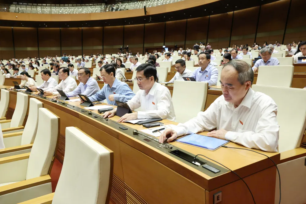 Đoàn ĐBQH TPHCM biểu quyết. Ảnh: QUANG PHÚC ĐOANG TPHCM bấm nút.jpeg