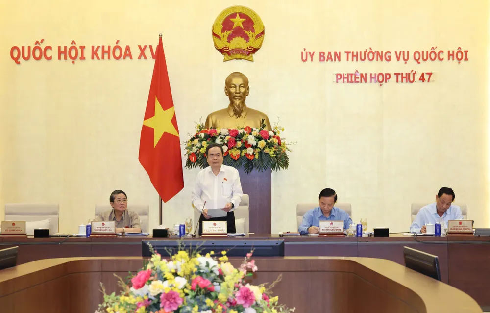 Chủ tịch Quốc hội Trần Thanh Mẫn và các Phó Chủ tịch Quốc hội tại phiên họp. Ảnh: QUANG PHÚC PB.jpg